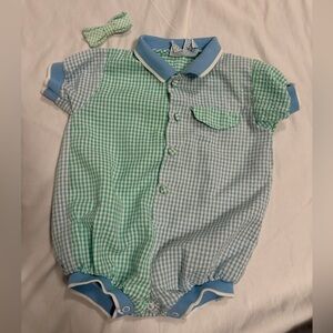 Vintage boys 6/9months Gingham Little Miracles Romper with clip bow tie